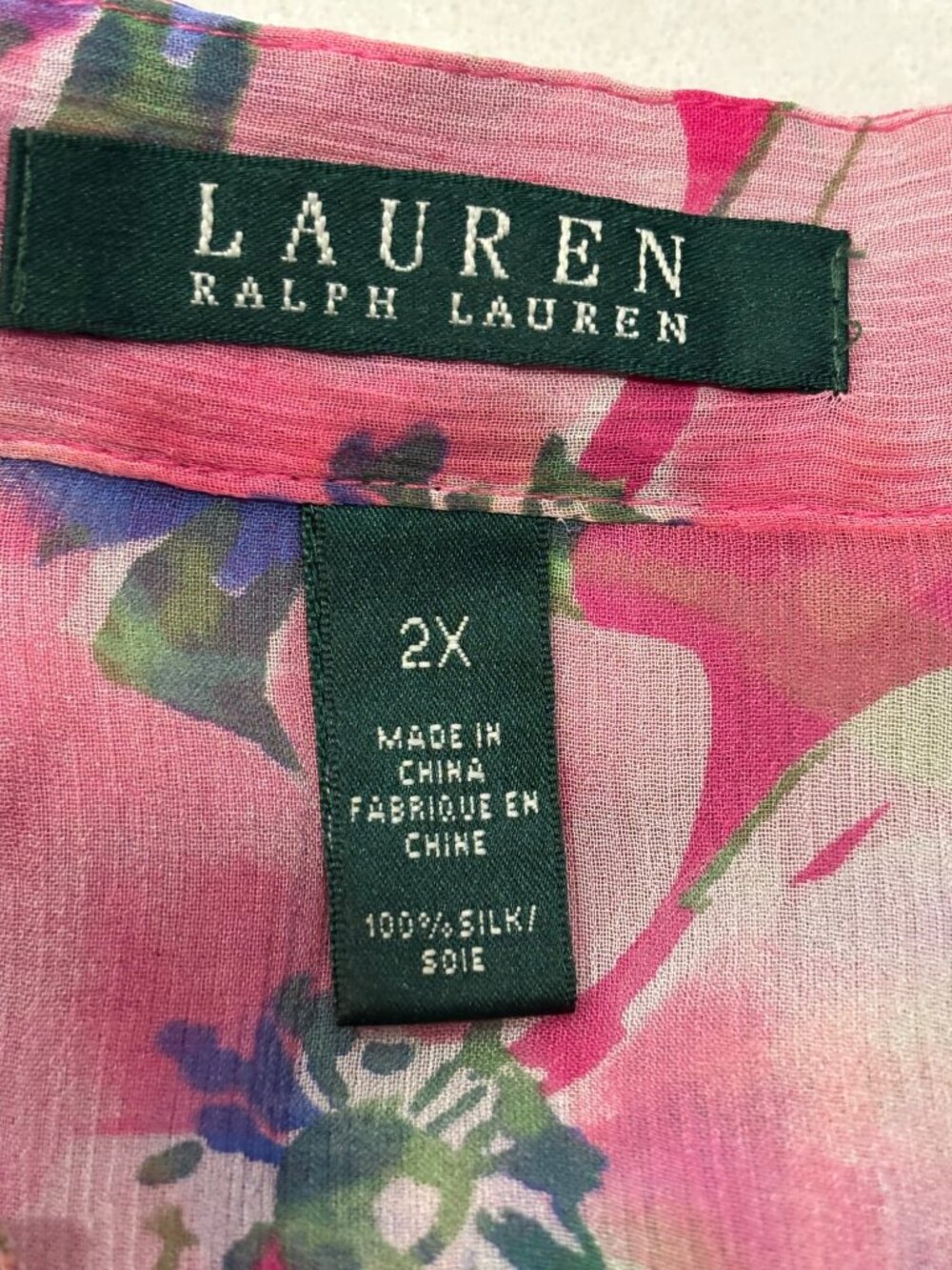 Lauren Ralph Lauren 2X 100% Silk Floral Tunic Blouse Pink Pleated Neck Long Slee - Picture 6 of 8